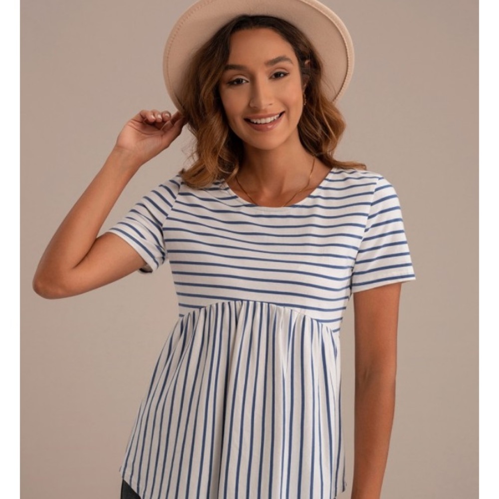Petallush Blue Striped Round Neck Cross Back Peplum Top